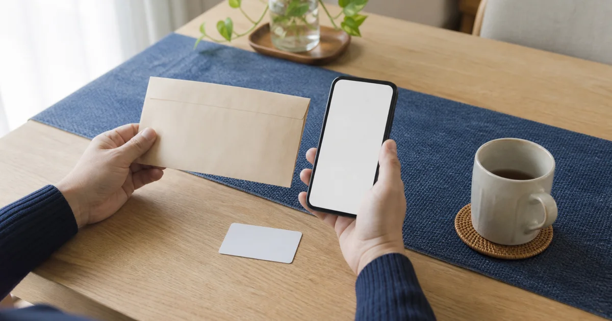 自宅のテーブルで封筒とスマートフォンを手に、電子証明書更新の準備を確認する様子
