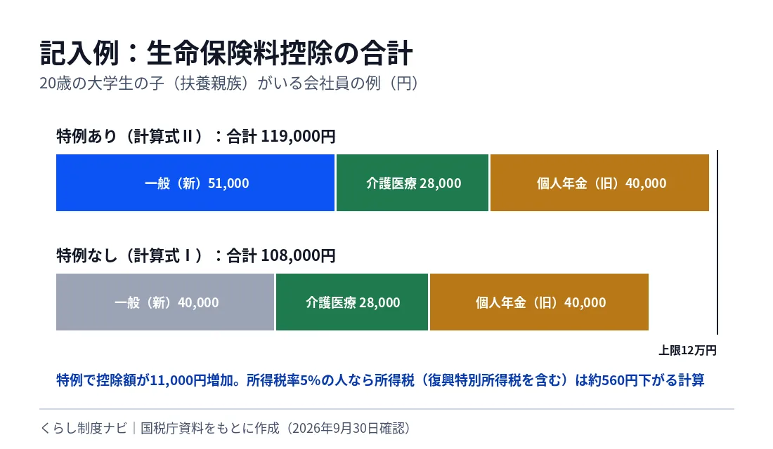 記入例の生命保険料控除の合計を比べた帯グラフ。特例ありは一般51,000円、介護医療28,000円、個人年金40,000円で合計119,000円。特例なしは一般40,000円で合計108,000円。差は11,000円
