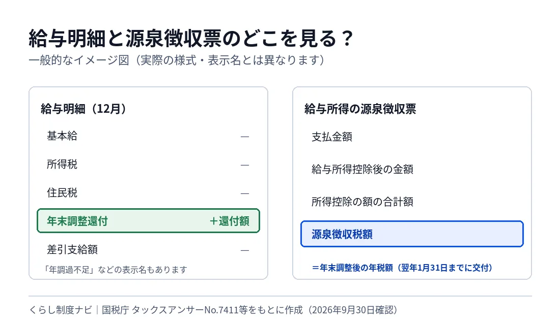 給与明細と源泉徴収票の見る場所を示すイメージ図。給与明細では年末調整還付の欄、源泉徴収票では源泉徴収税額の欄が年末調整後の年税額